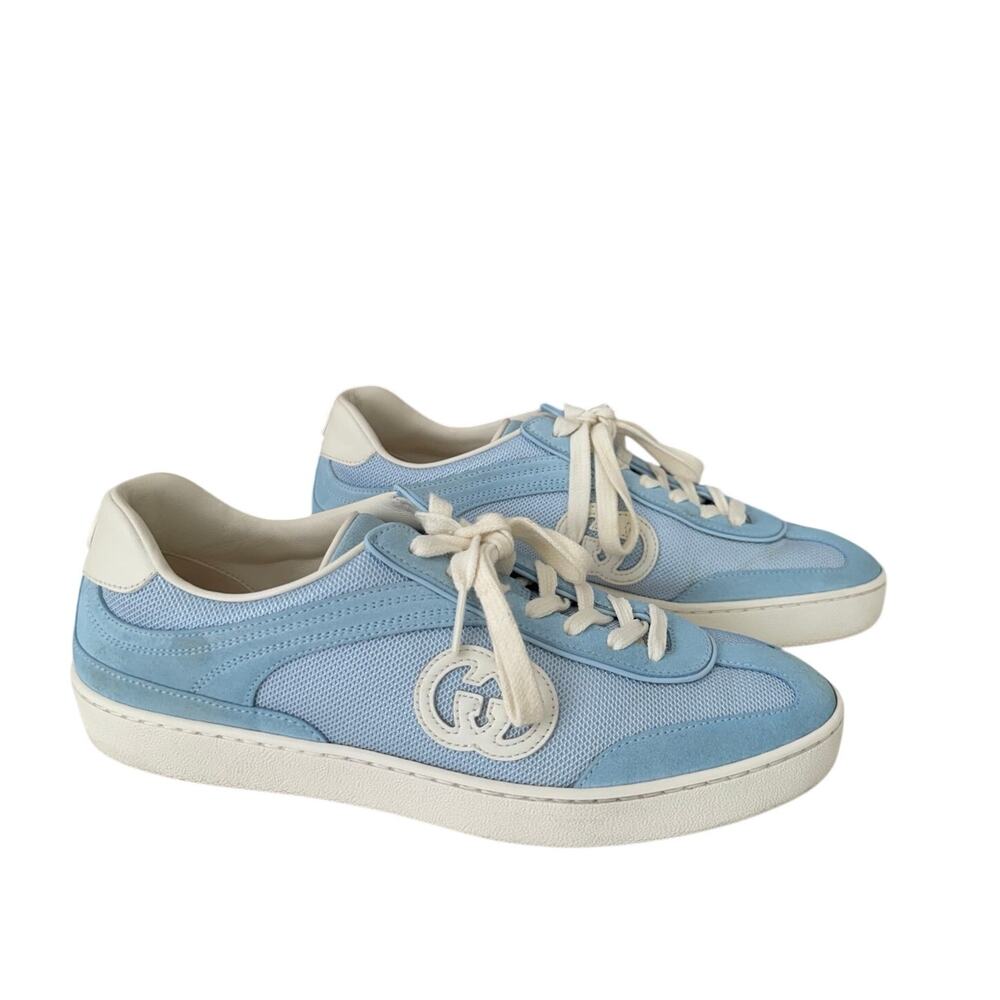 Gucci G75 Suede Low Top Sneakers Interlocking GG Light Blue Size 38 Women's US 8